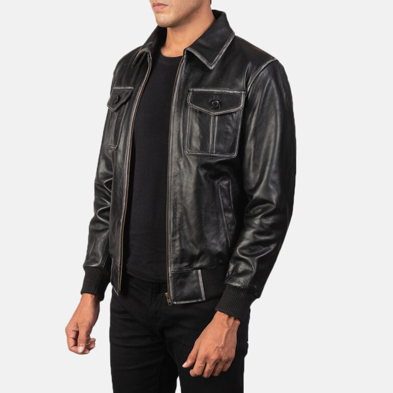 Mens Aaron Black Leather Bomber Jacket5888-3-1568890333085